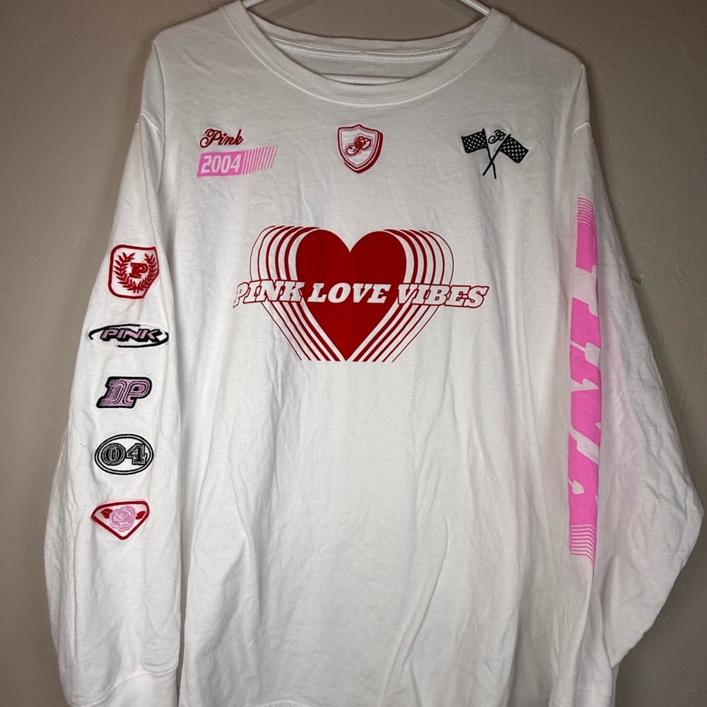 Victorias Secret Pink Cotton Long Sleeve Tee Shirt Crew Neck Racing XL
